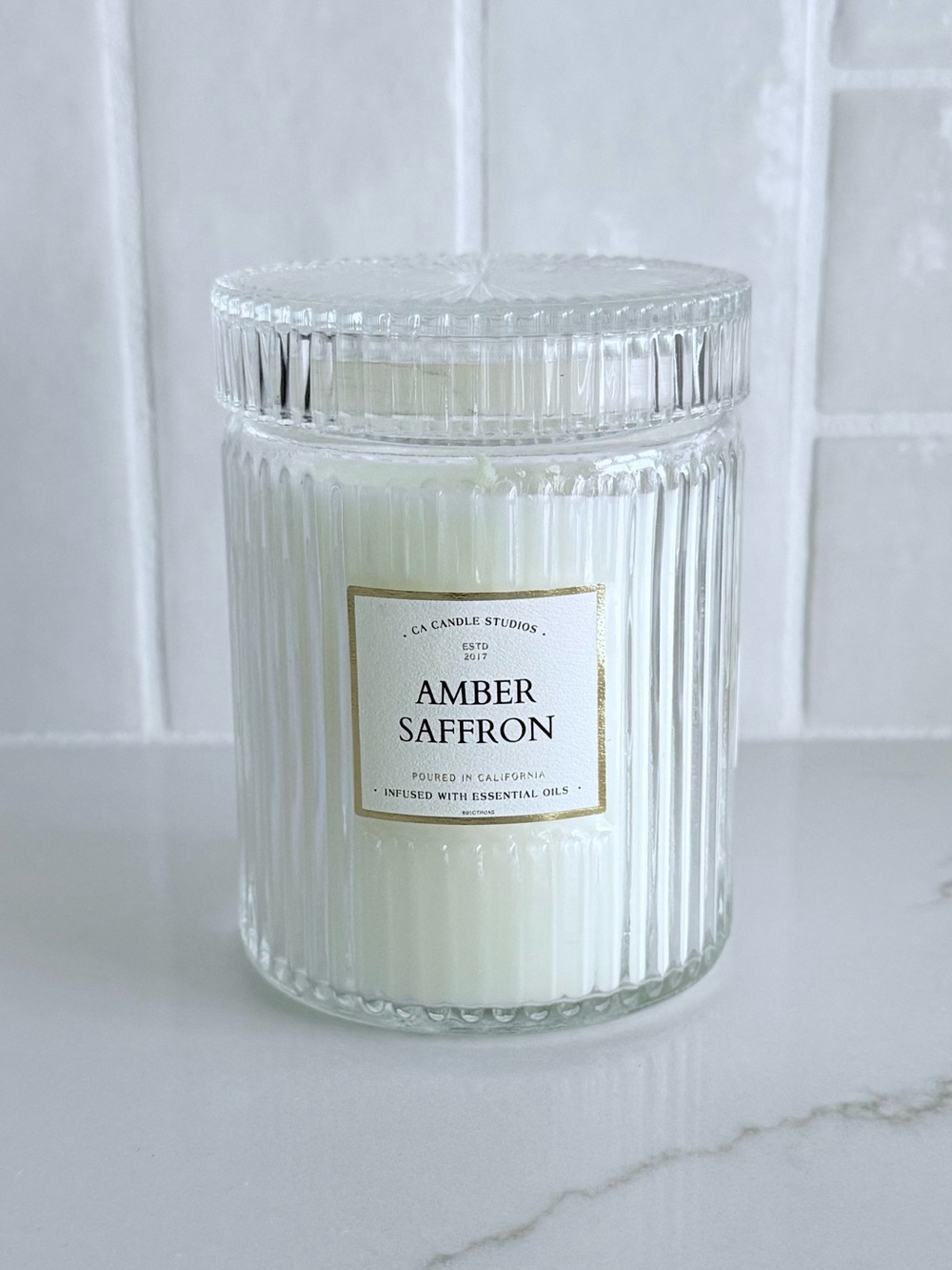 Amber Saffron Scented Candle in Ribbed Glass Jar